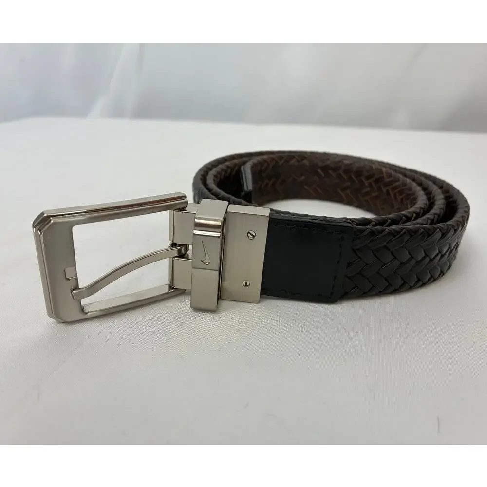 Nike Woven Braided Leather Belt Reversible 36 Brown Black Silver Tone Classic